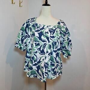 Chicos Tropical Square Neck Puff Sleeve Top Size XL 3 Cotton Stretch